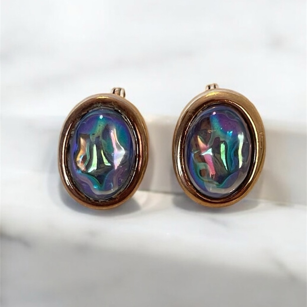 Blue Rainbow Iridescent Oval Vintage Clip on Earrings